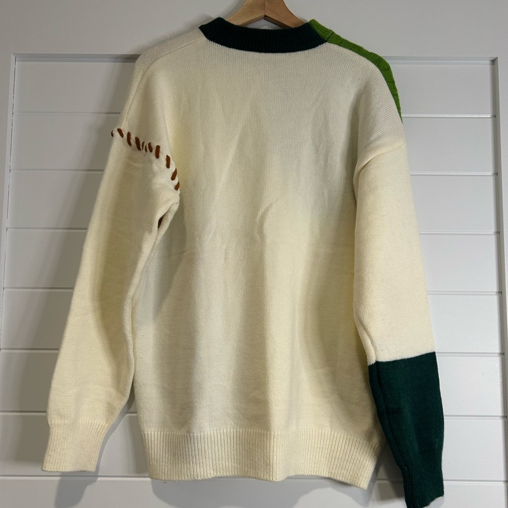Men's Patchwork Crewneck Sweater - Cream, Green, and Brown - Picture 3 of 10